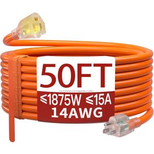 50 FT 14/3 Extension Cord Outdoor, Heavy Duty Weatherproof & Flame Retardant Orange 3 Prong Power Cord with Light, Outside for Lawn & Garden, 15 Amps 1875 Watts 125 VAC 14AWG SJTW, ETL Listed