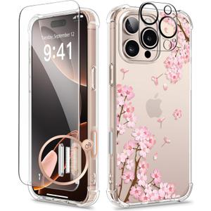 GVIEWIN for iPhone 16 Pro Max Case, with Screen Protector & Camera Lens Protector, Floral Shockproof Protective Bumper Slim Clear Phone Cover for Women 2024 6.9", Sakura/Pink