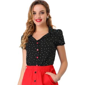 Allegra K Women's Polka Dots Short Sleeve Button Up Vintage 1950s Blouse Small Black