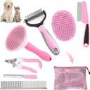 Dog Brush Dog Grooming Kit 7PCS Dog Brush for Shedding-Dog Brushes for Grooming, Dematting Comb for Dogs, Cat & Dog Nail Clipper with Nail File, Flea Comb, Pet Comb, Dog Bath Brush-Pink