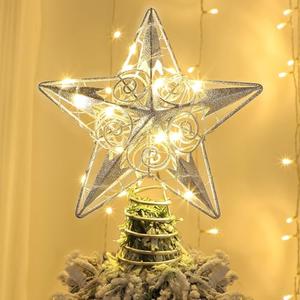 Juegoal Star Tree Topper with 20 LED Lights, Metal Silver Lighted Treetop Ornaments, Battery Powered Light Up Christmas Tree Decorations, 6.5 x 6.5 Inches