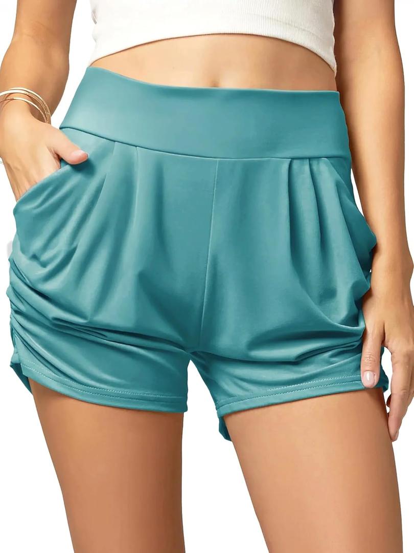 Conceited Womens Shorts with Pockets - Ultra Soft Stretch - High Rise - Casual - Pleated (Large-X-Large, Solid Sea Blue)