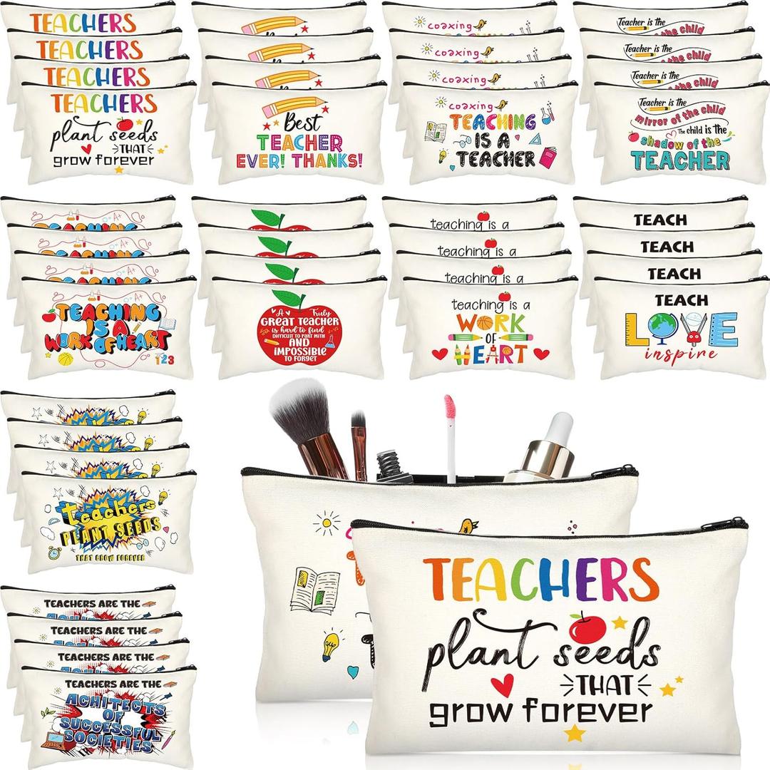 Sumind 40 Pcs Teacher Appreciation Week Gifts, Canvas Cosmetic Makeup Bags with Zipper and Inspirational Quotes, Thank You Teacher Pencil Bag Pouch for Women Holiday Birthday Employee Coworker Gifts
