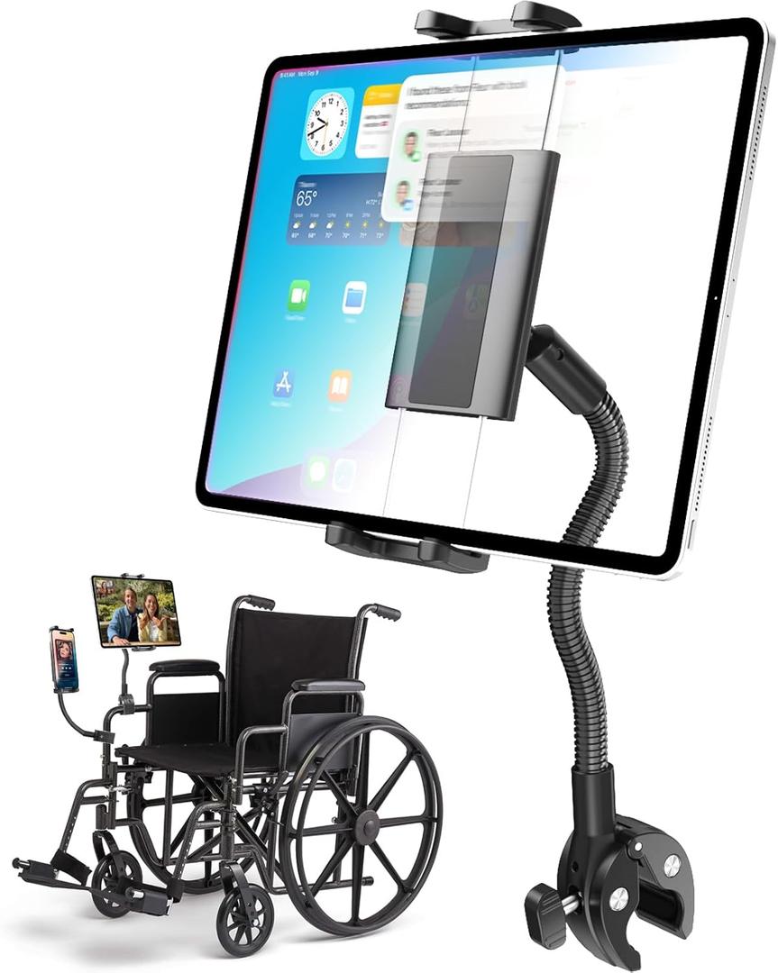 Charchendo Tablet Holder for Wheelchair Handle, Wheelchair Phone Tablet Mount with 9.45" Aluminum Arm 360 Rotation Adjustment Compatible with 4-13'' iPad Pro/Air/Mini, iPhones, Galaxy Z, E-Book