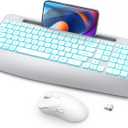 Wireless Keyboard and Mouse Backlits - Full-Sized Ergonomic Lighted Keyboard with Wrist Rest, Phone Holder,2.4GHz Rechargeable Silent Keyboard Mouse Combo for Computer, Laptop, PC, Mac -White