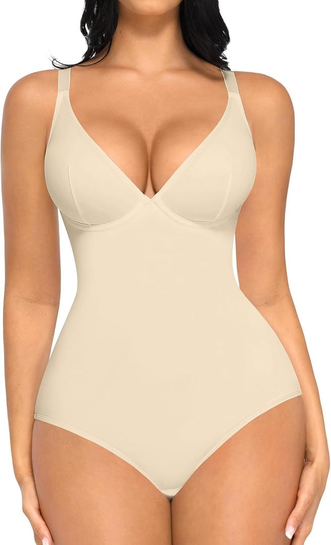FeelinGirl Shapewear Bodysuits for Women Tummy Control Body Suits Deep V Neck Corset Body Shaper Tops (3XL, Beige)