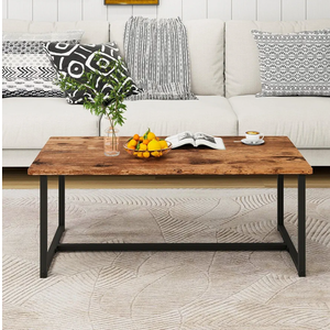 Coffee Table Rectangular Center Table for Living Room Open Space Side Table with Metal Frame, Easy Assembly, Black+ Rustic Brown Wood Coffee Table