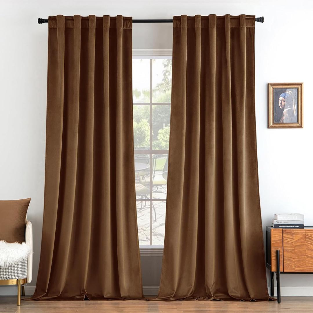 MIULEE Velvet Curtains 96 inches - Luxury Curtains for Bedroom Living Room Room Darkening Thermal Insulated Super Soft Window Drapes Rod Pocket & Back Tab, Brown, W52 x L96 inches, 2 Panels