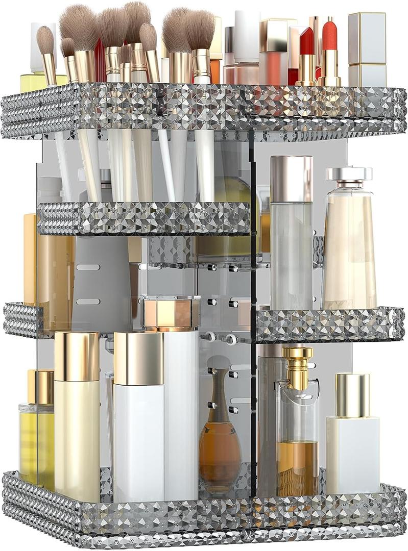Rotating Makeup Organizer, Large Capacity Cosmetic Display Case, Acrylic Skincare Organizer with Makeup Brush, Makeup Storage Organizer for Dresser Countertop and Bathroom Vanity - Grey (Plus Size - Grey)