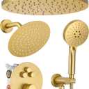 Woindo Shower Faucet Set 10" Rain Shower Head/8'' Side Shower Head and 3 Setting Handheld Ceiling Mount 3 Push Button Diverter Complete Rainfall Round Shower System Included Valve Trim Kit