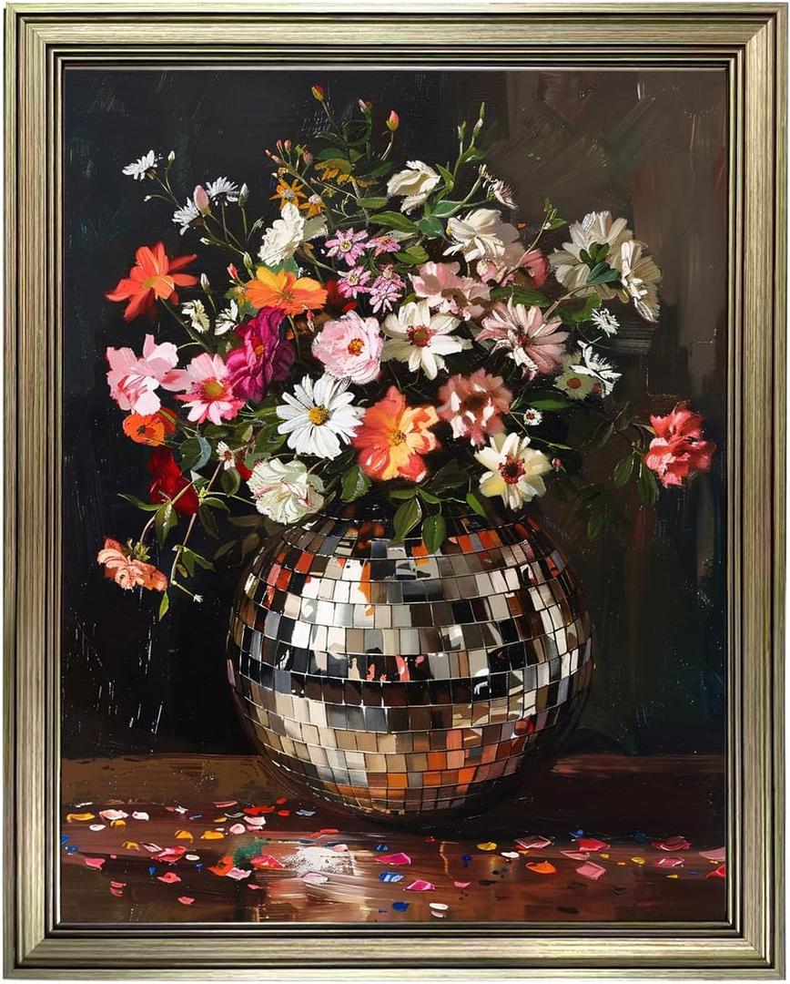 Disco Ball Wall Decor, Vintage Framed Colorful Moody Florals Wall Art, Maximalist Funky Flowers Bouquet Print Poster, Retro Eclectic Wall Art Painting