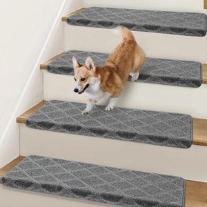 Bullnose Stair Treads Non Slip 9.5" x 36", 2 Pcs Carpet Stair Treads for Wooden Steps Indoor with Edge Protection, Reusable Peel and Stick TPU Backing Stair Runner Rugs - Diamond Pattern Grey