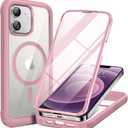 Miracase Glass Series Designed for iPhone 12/12 Pro 6.1 Inch, Upgrade Full-Body Magnetic Case with Built-in 9H Tempered Glass Screen Protector, with Camera Lens Protector, Magnetic Pink