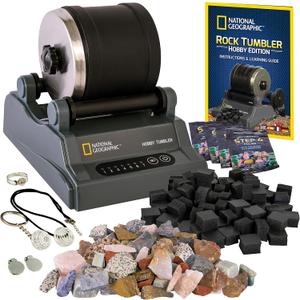 National Geographic Hobby Rock Tumbler Kit Durable Leak-Proof Rock Polisher with 7-Day Timer, Complete Rock Tumbling Kit with Grit, Jewelry Settings & GemFoam Polish, Educational STEM Science Kit
