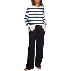 ETCYY NEW Lounge Sets for Women 2 Piece Outfits with Side Split Sweatshirt Tops and Wide Leg Sweatpants (Small, Stripebluewhite)