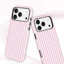 Jusy Compatible with MagSafe Striped Phone Case for iPhone 16, Cute Aesthetic Magnetic Soft TPU and Hard PC Protective Phone Cover for Women Girls (Matte) - Pink and White