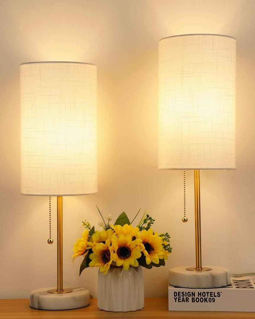 JUNNAI Table Lamps Set of 2, Gold Bedside Lamps, 3 Way Dimmable Nightstand Lamps with Marble Base & Linen Shade &Pull Chain,18.5 Inches Tall Skinny Desk Lamps for Bedroom Living Room(Bulbs Included)