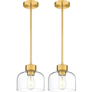 2-Pack Pendant Lights Kitchen Island, 8" Brushed Gold Hanging Light Fixtures with Clear Glass Shade, Modern Brass Kitchen Pendant Lighting Over Island for Dining Room, AD-24024-1P2L-GD