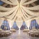 6 Panels Beige Ceiling Curtains with Lights for Weddings - 5ftx30ft Wrinkle-Free Tulle Fabric Wedding Arch Draping Ceiling Drapes Decorations for Wedding Party Ceremony Stage Tent Event, 60"W x 360"L