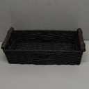 Back of Toilet Basket with Wood Handles, Black Wicker Toilet Paper Basket for Toilet Tank Top, Narrow Toilet Tank Basket, Bathroom Basket Organizer for Wipes & Essentials