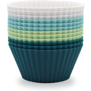 Silicone Baking Muffin Cups 12 Pack, Reusable Cupcake Liners Cake Molds, BPA Free, Dishwasher Safe(White, Green, Navy, Dusty Blue) (Standard, Neutral Colors)
