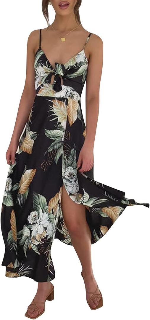 Fashionme Women Spaghetti Strap Midi Satin Dresses Tie Front Backless Split Hollow Dress (Small)