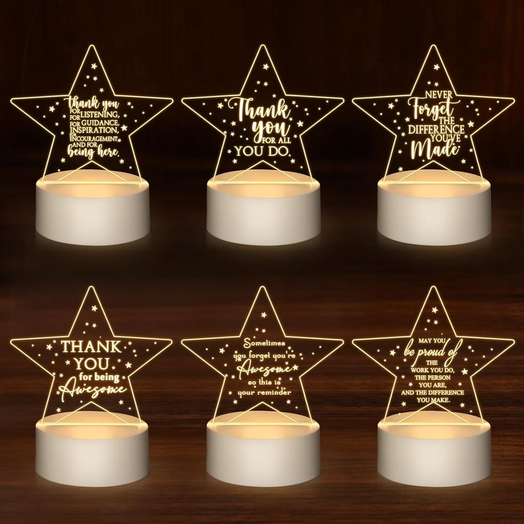 Kigley 6 Pcs CNA Week Gifts Thank You Appreciation Gifts in Bulk for Employee Coworkers Teachers Nurse CNA Acrylic Night Light LED Engraved Lamp Graduation End of Year Presents(Star)