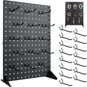 Metal Pegboard Display Stand With 15 Peg Board Hooks Accessories, Desk Pegboard Panels, Merchandise Display Rack for Selling Accessories Vendors & Events Retail Craft Shows & Fairs (17*13Inch, Black)