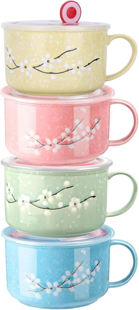 4 PCS 30 oz Soup Bowls with Lids and Handles, Microwave & Dishwasher Safe Hand Painted Ceramic Cute Ramen Bowls for Noodles, Porridge, Rice