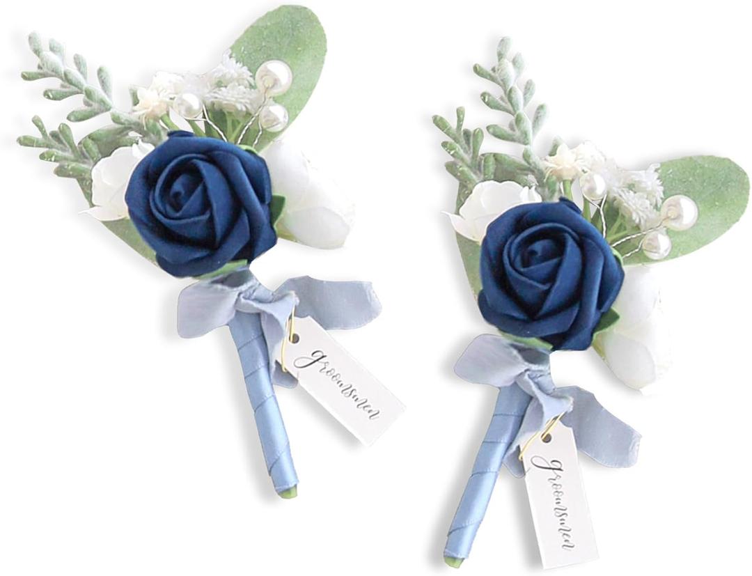 Lookein Set of 2 Navy Blue Wedding Boutonniere for Men Artificial Flowers Wedding Groom Groomsmen Boutonniere for Wedding Ceremony Anniversary Formal Dinner Party