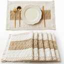 FEXIA Boho Placemats Set of 6, Macrame Table Decor Farmhouse Style Placemats in Natural Cotton Burlap, for Kitchen and Dining Table Centerpiece Home Decorations（Beige & Brown）