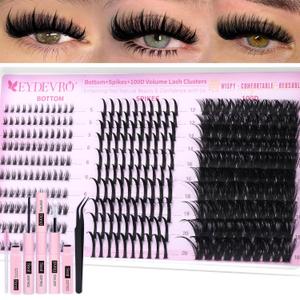EYDEVRO Volume Eyelash Clusters Kit 100D Lash Clusters with Spikes Lash Extension Kit Bottom Lashes Wispy Cluster Eyelash Extensions 300 Pcs Spiky Lash Clusters Kit Lash Bond and Seal Tweezers Brushes