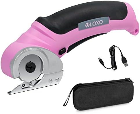 VLOXO Cordless Electric Scissors, Cardboard Cutter with Safety Lock 4.2V Electric Mini Cutter Power Rotary Scissors for Leather Felt Rug Box with Storage Box Pink