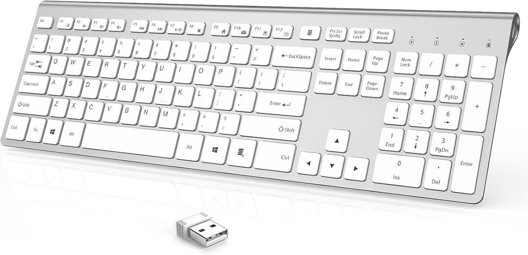 JOYACCESS Rechargeable Silent Wireless Keyboard, 2.4G USB Keyboard for Mac, PC, Laptop, Compatible with Windows, iOS, Android, Water Resistant, Slim Design (Silver White)