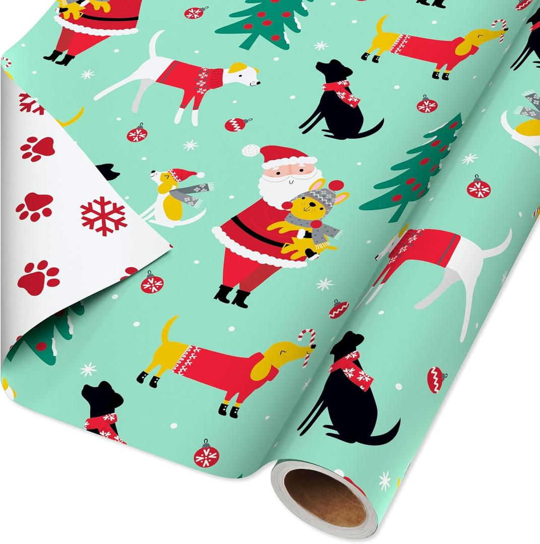 American Greetings Jumbo Reversible Christmas Wrapping Paper Roll, Puppy Dogs and Santa Paws Holiday Gift Wrap (175 sq. ft., 1 Extra Large Roll-30 in. x 70 ft.) Mint Green, Red, and White