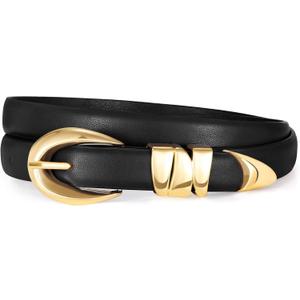 XZQTIVE Women's Skinny Leather Belts Ladies Thin Waist Belts for Jeans Dress Pants Trendy Black Belt with Gold Buckle
