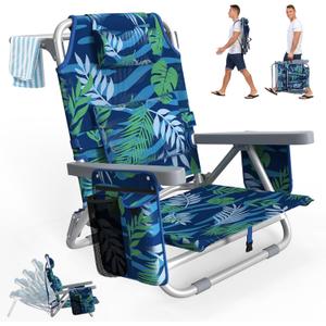 Suteck Beach Chair, Adjustable 5-Position Backpack Beach Chairs for Adults Kids, Foldable Lay Flat Chair with Cooler Bag, Cup Holder and Lumbar Pillow, Reclining Lay Down Chairs (1, Blue&Green)