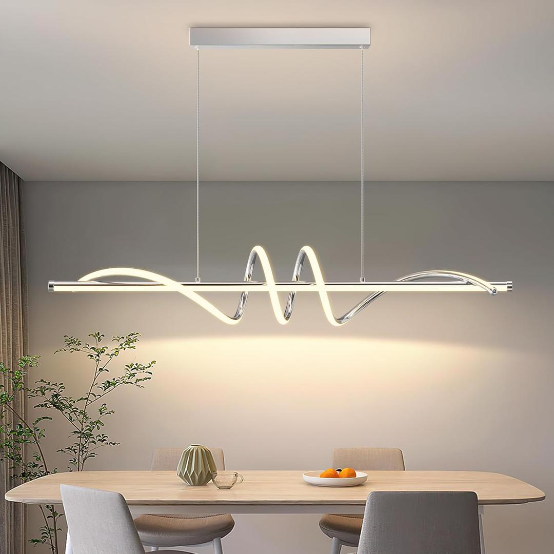 Modern Pendant Light Kitchen Island 39in Dimmable Hanging Lamp 3000k-6000K Adjustable Warm/Nautral/White with Remote Control, Kitchen Island Lighting Chrome Silver