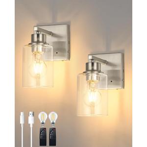 Battery Operated Wall Sconce Set of 2, Rechargeable, Cordless, Dimmable, Timer, Remote, Touch Control, 3000K, USB-C Charging for Living Room, Bedroom Nickel (Include 2 Special Bulbs) Battery Operated Wall Sconce Set of 2, Rechargeable, Cordless, Dimmable, Timer, Remote, Touch Control, 3000K, USB-C Charging for Living Room, Bedroom Nickel (Include 2 Special Bulbs)