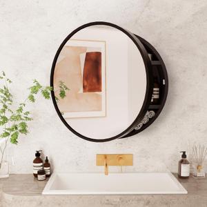 Round Medicine Cabinet Mirror with Shelf, Bathroom Wall Cabinet Medicine Cabinet with Vanity Mirror, Surface Mount Above Toilet Storage Cabinet, Black
