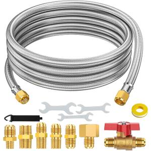12 Feet 3/8 Propane Hose Extension, Braided Propane Tank Gas Line Hose, with Adapter, 3/8" Male Flare to 1/2" 1/4" 1/8" 3/8" 3/8" NPT Male, for Camper, RV, Camper, Grill, Griddle, Heated, Fire Pit