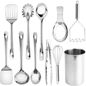 COOK WITH COLOR Kitchen Utensil Set - 10-piece premium Nonstick & Heat Resistant Kitchen Gadgets, Turner, Spaghetti Server, Serving Spoons, Whisk, Tongs, Masher & Utensil Holder, Stainless Steel