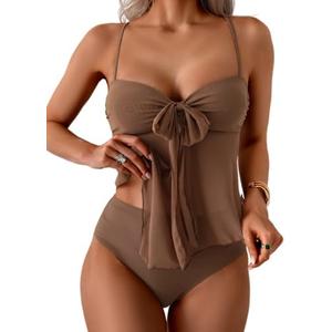 B2prity Womens Mesh Tankini Swimsuits Flowy Two Piece Bathing Suit V Neck Tie Knot Swim Top with High Waisted Bottom XL B2prity Womens Mesh Tankini Swimsuits Flowy Two Piece Bathing Suit V Neck Tie Knot Swim Top with High Waisted Bottom XL