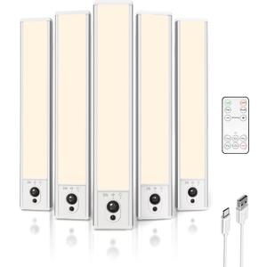 EZVALO 5-Pack Under Cabinet Lighting, 2400mAh Motion Sensor Light, LED Closet Lights Wireless, 3000K Dimmable, Timer, Magnetic, with Remote Control for Kitchen, Closet, Stair