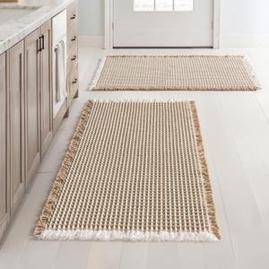 MIULEE Set of 2 Waffle Bathroom Rugs, Boho Bath Rugs Non Slip Washable, Super Absorbent Bath Mats, Ultra Soft Rubber Backed Shower Mats for Bathroom Floor, Tub, Brown & White, 18x30 Inch