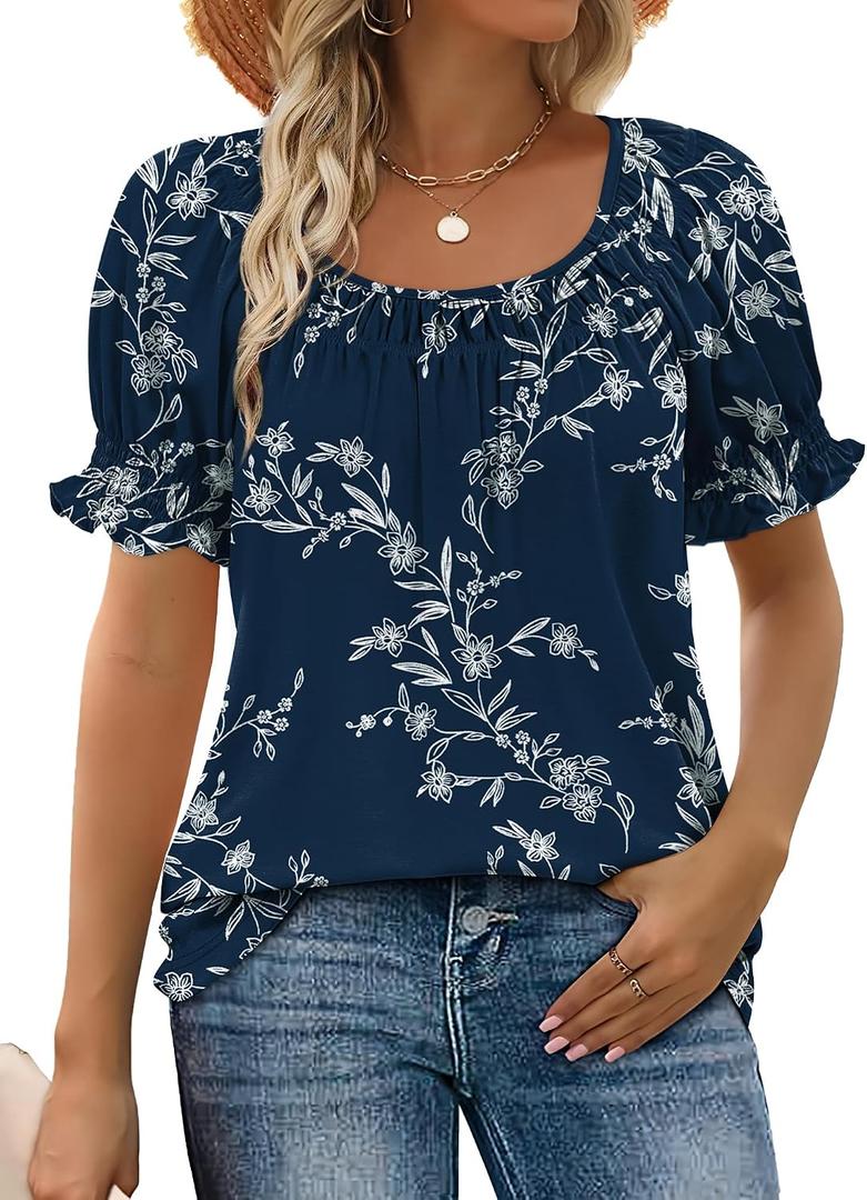 WIHOLL Womens Short Sleeve Square Neck Summer Tops Dressy Casual Blouses Trendy Clothes 2026 (XL)