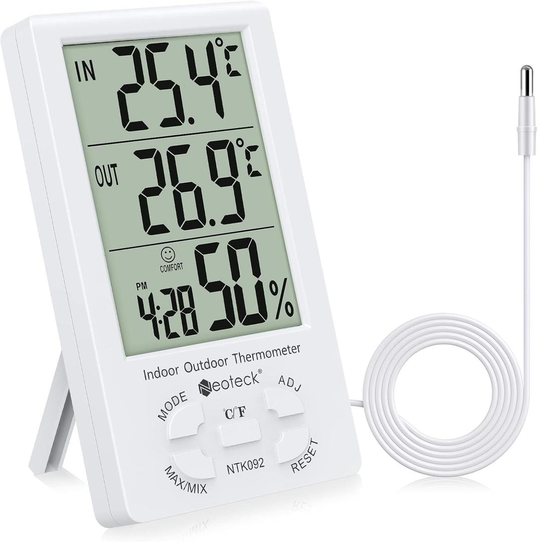 Neoteck 3 in 1 Thermometer Hygrometer with Clock Large LCD Display, Digital Humidity Temperature Meter 1.5m Sensor Wire for Indoor Outdoor Use (4.9ft)
