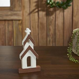 VHC Brands Brown Roof White Church Wooden Figurine 8x4x1