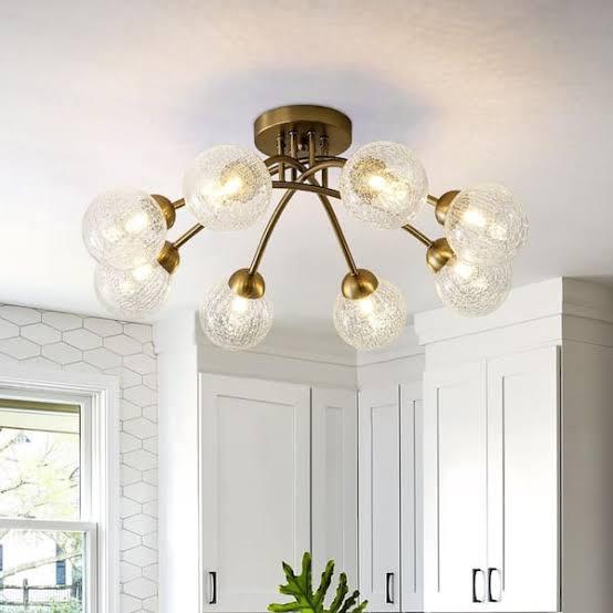 Sonrisa 8-Light 27 in. W Brass Semi-Flush Mount Modern Chandelier with Clear Cracked Glass Shades Hallway Ceiling Light PD1067801