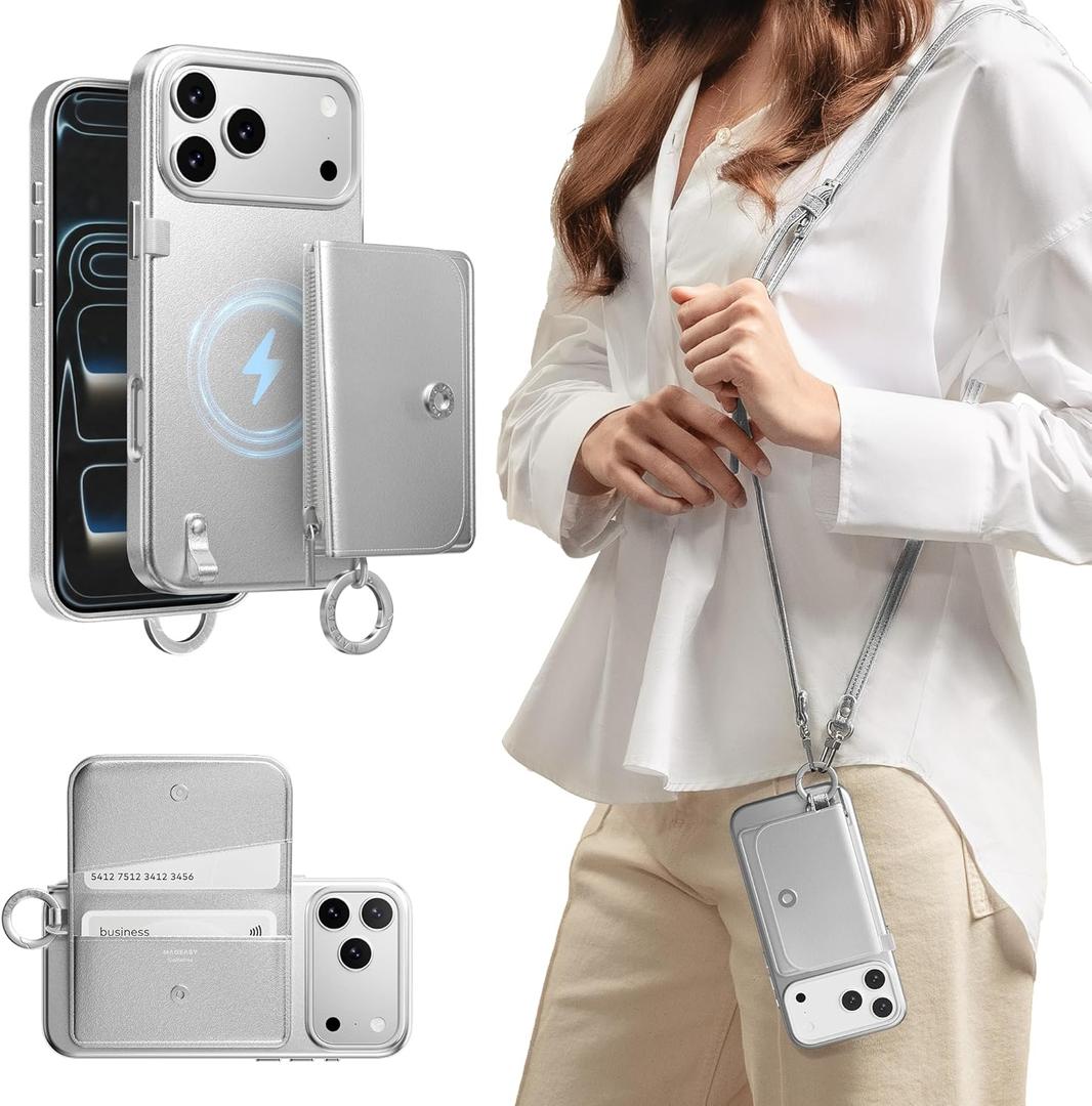 MAGEASY Compatible with iPhone 17 Pro Max 6.9" Wallet Case with Crossbody Strap - Compatible with MagSafe Detachable Coin Purse & Card Slot, Crossbody Lanyard, 16ft Drop Protection | Pouch M (Silver)